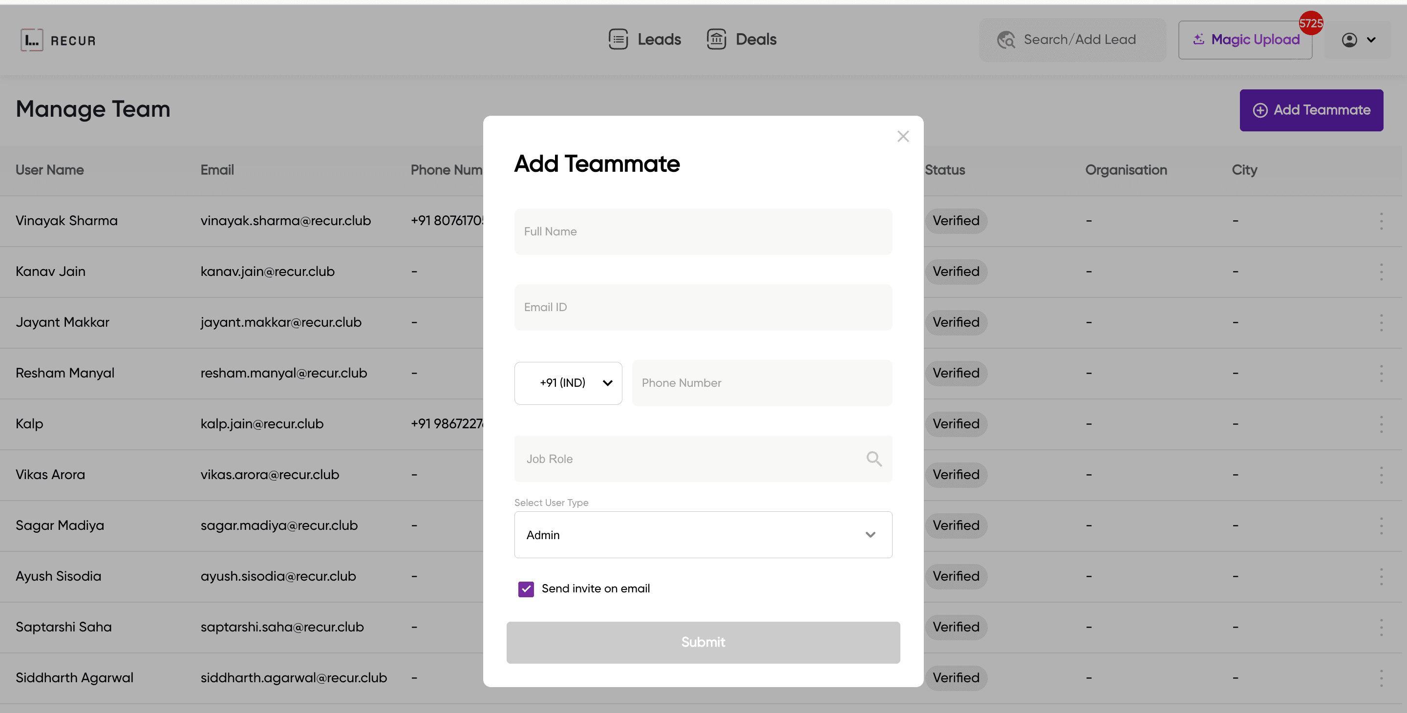 Add Teammate modal with fields for Full Name, Email ID, Phone Number, Job Role, and User Type, along with a Send invite on email checkbox and Submit button