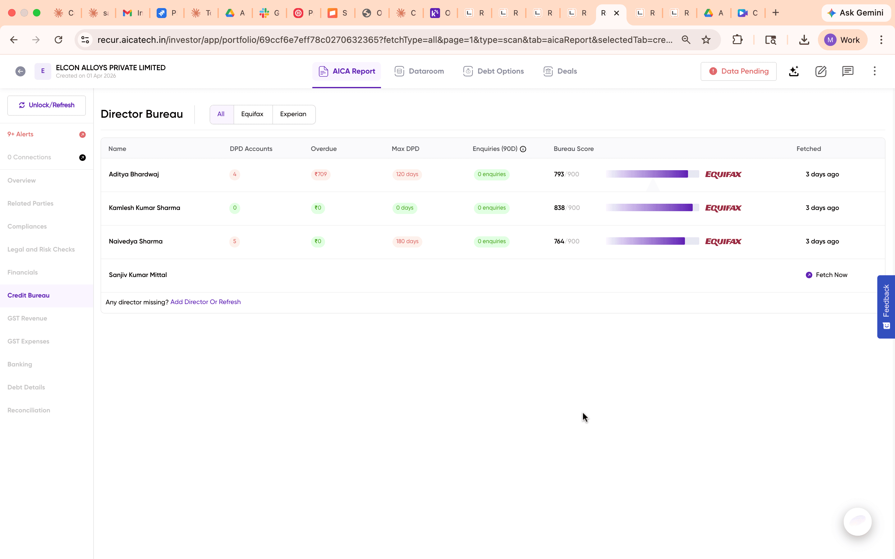 Director Bureau showing credit data for directors with bureau scores, DPD accounts, overdue amounts, and Equifax branding