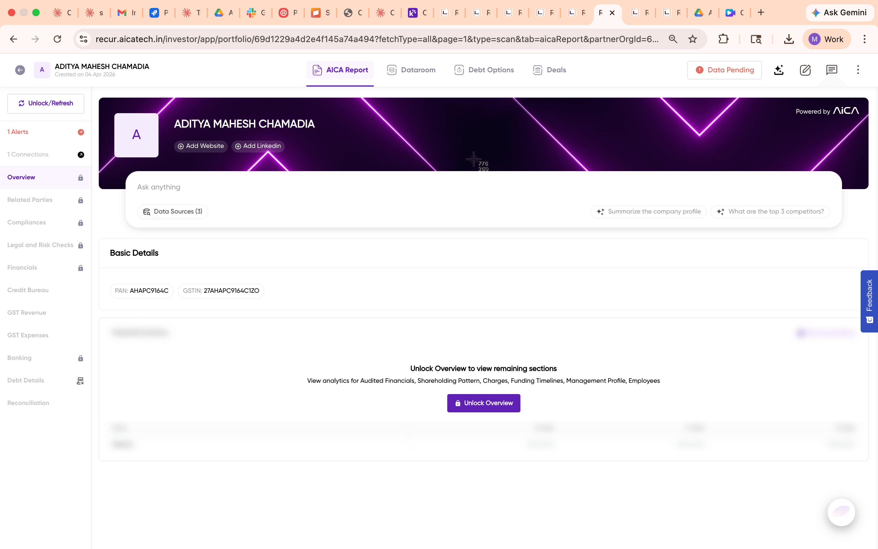 AICA Report Overview section showing Basic Details with PAN, CIN, GSTIN and the Unlock Overview button