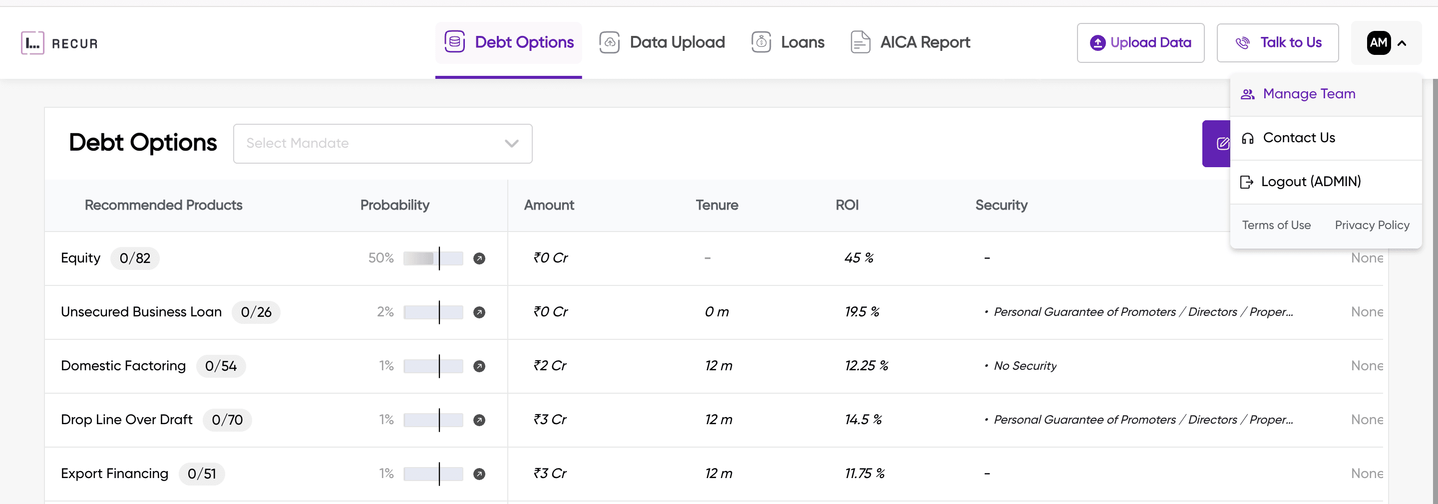 Company account view showing the profile dropdown with Manage Team option, along with the Debt Options page in the background