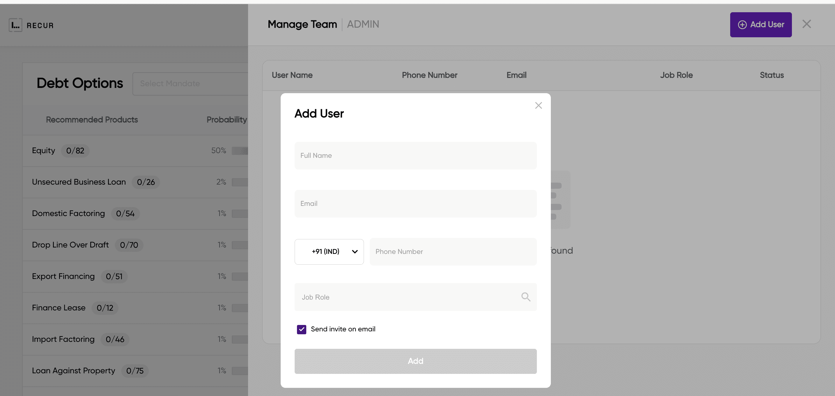 Add User modal with fields for Full Name, Email, Phone Number, and Job Role, along with a Send invite on email checkbox and Add button