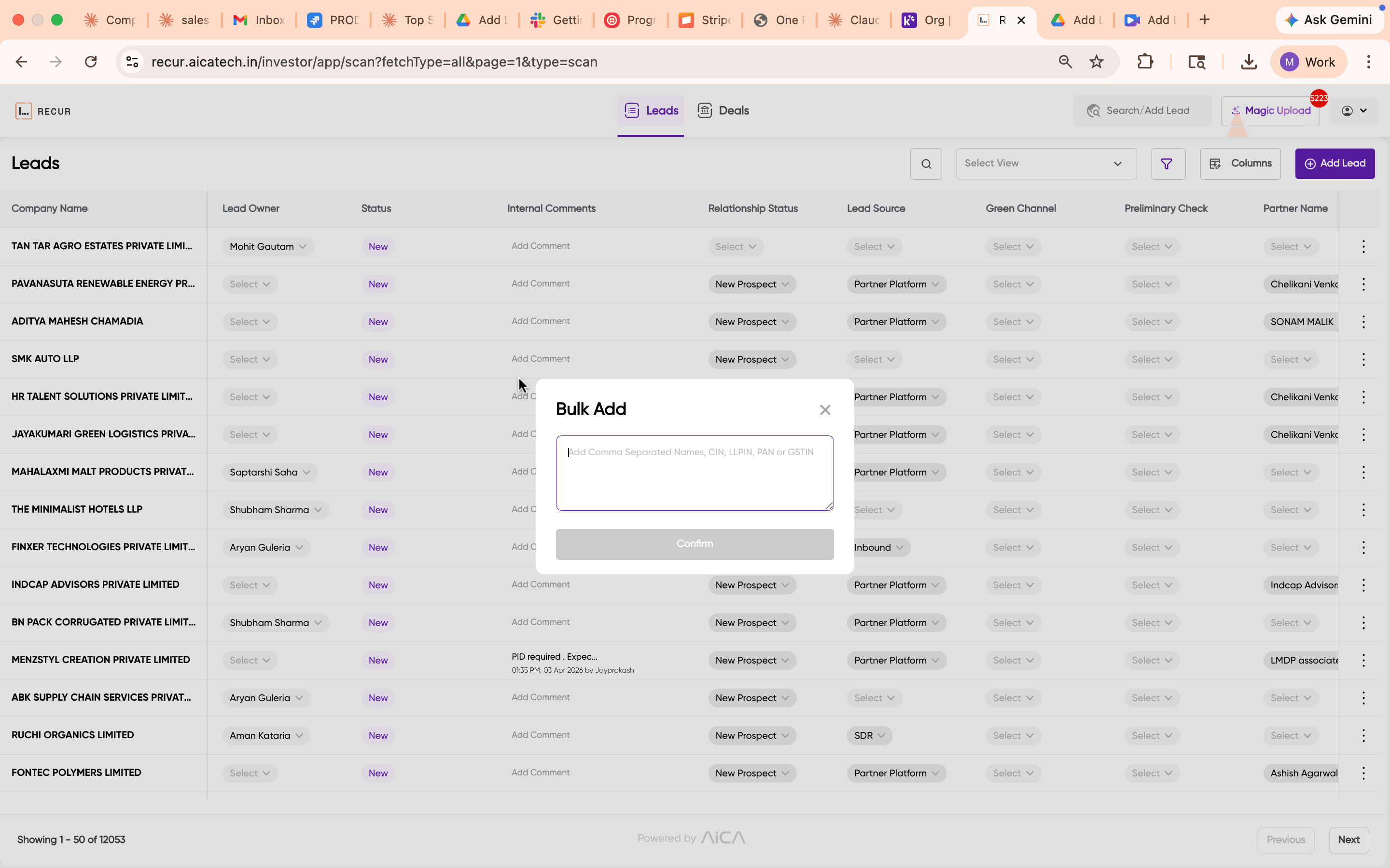 Bulk Add modal showing comma-separated input for adding multiple leads