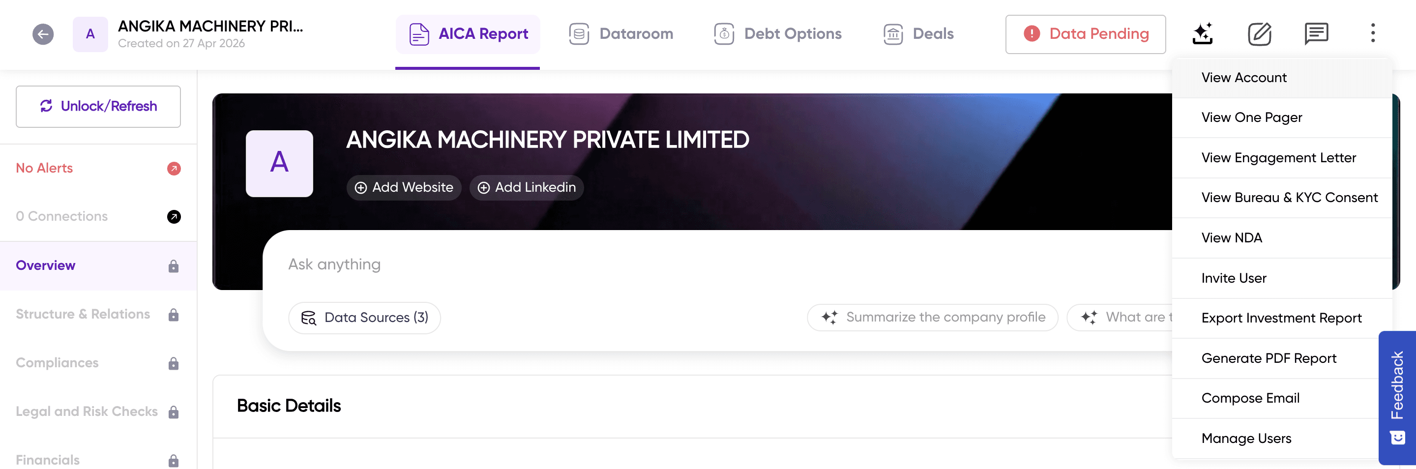 Company profile page with the actions dropdown open, showing View Account option along with other actions like View One Pager, Invite User, and Manage Users