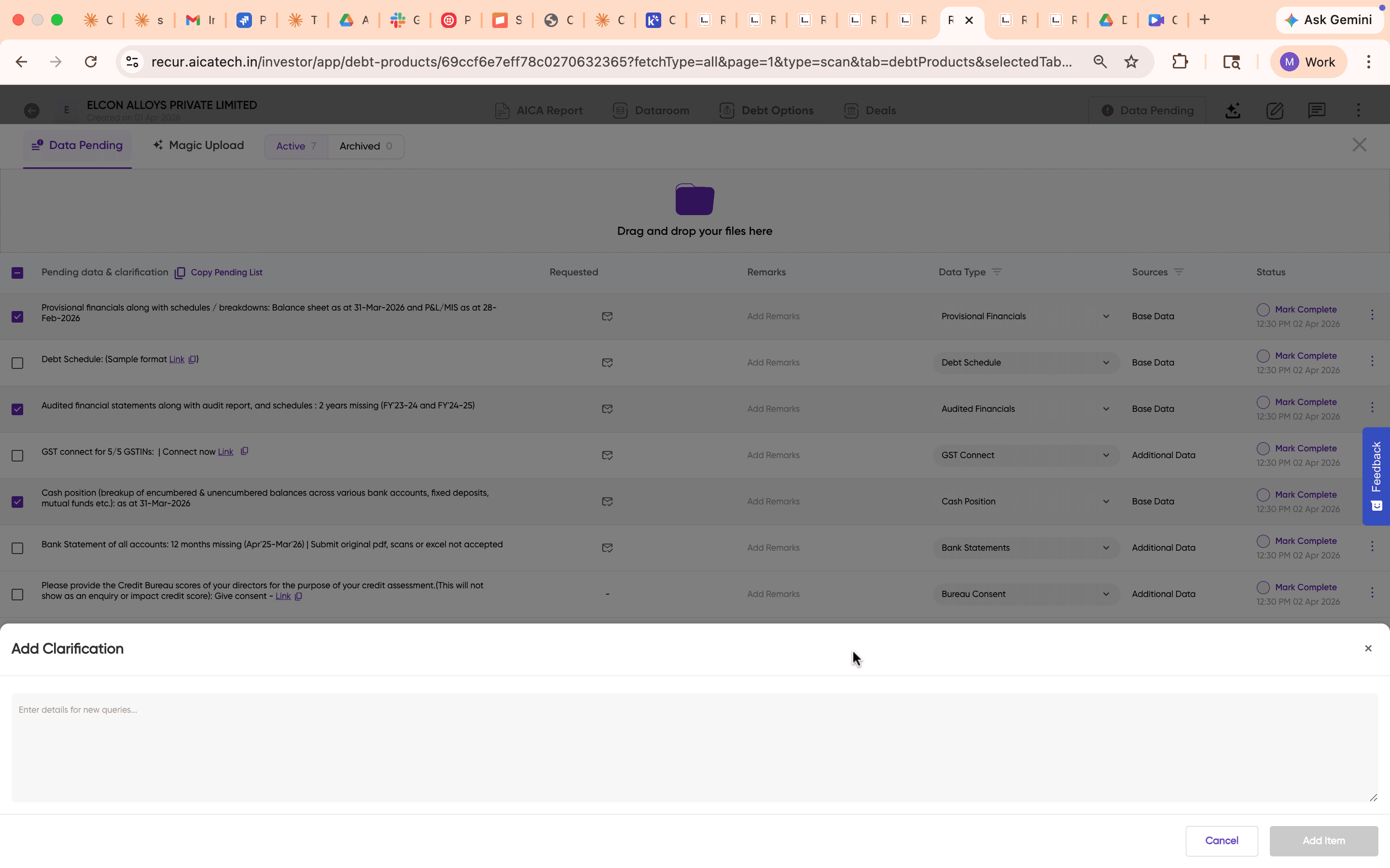 Add Clarification form at the bottom of the Data Pending drawer with a text field and Add button