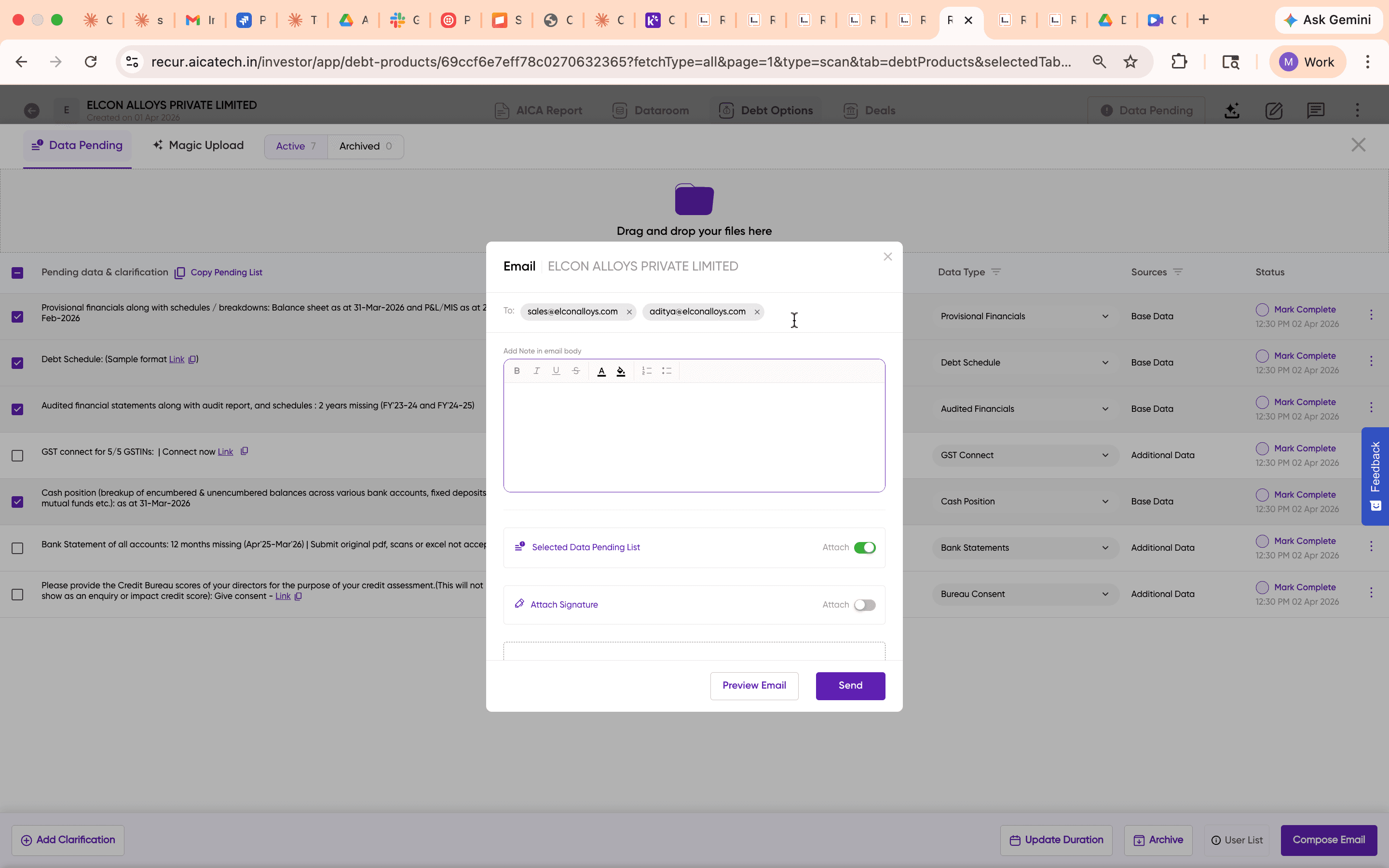 Compose Email modal with recipients, message body, Data Pending List toggle, and Preview Email button