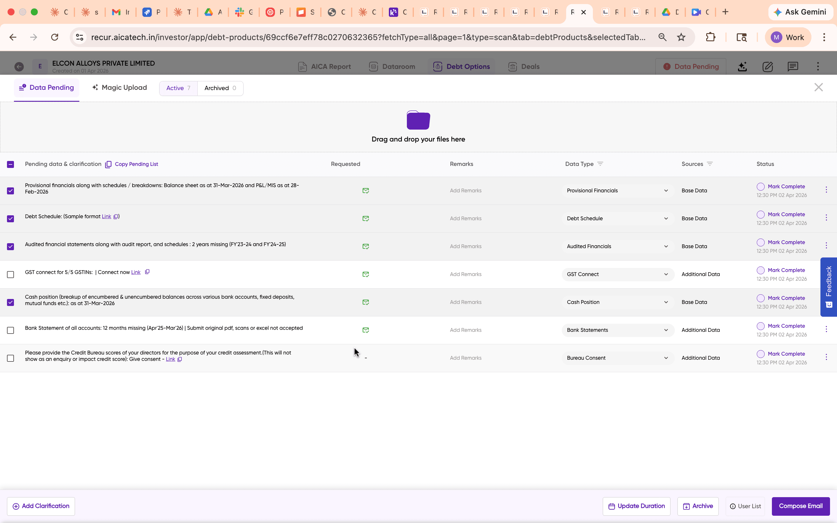 Data Pending drawer showing a table of pending data requests with columns for clarification, requested status, remarks, data type, sources, and status