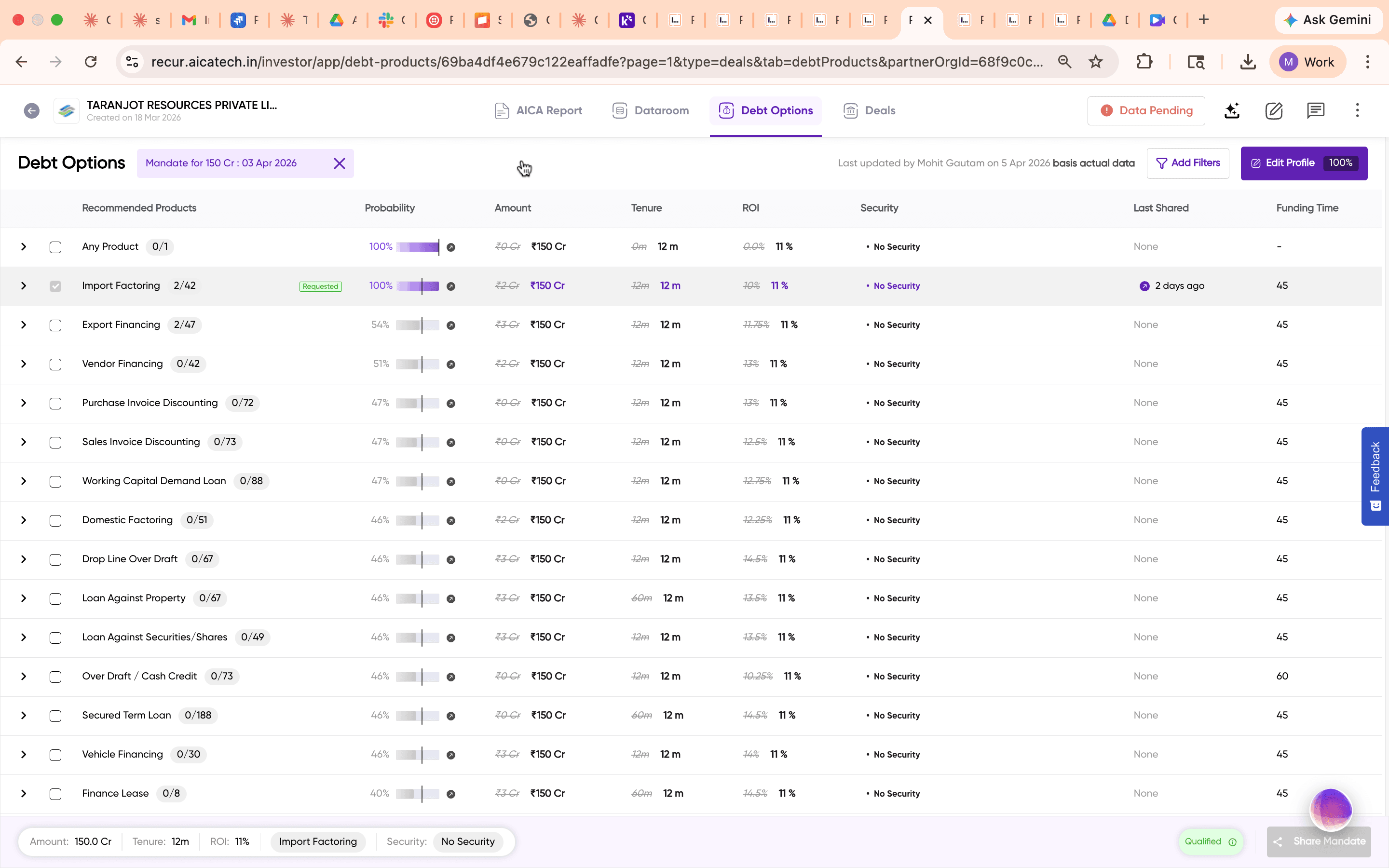 Debt Options page showing recommended products with probability scores, amounts, tenure, ROI, and security columns