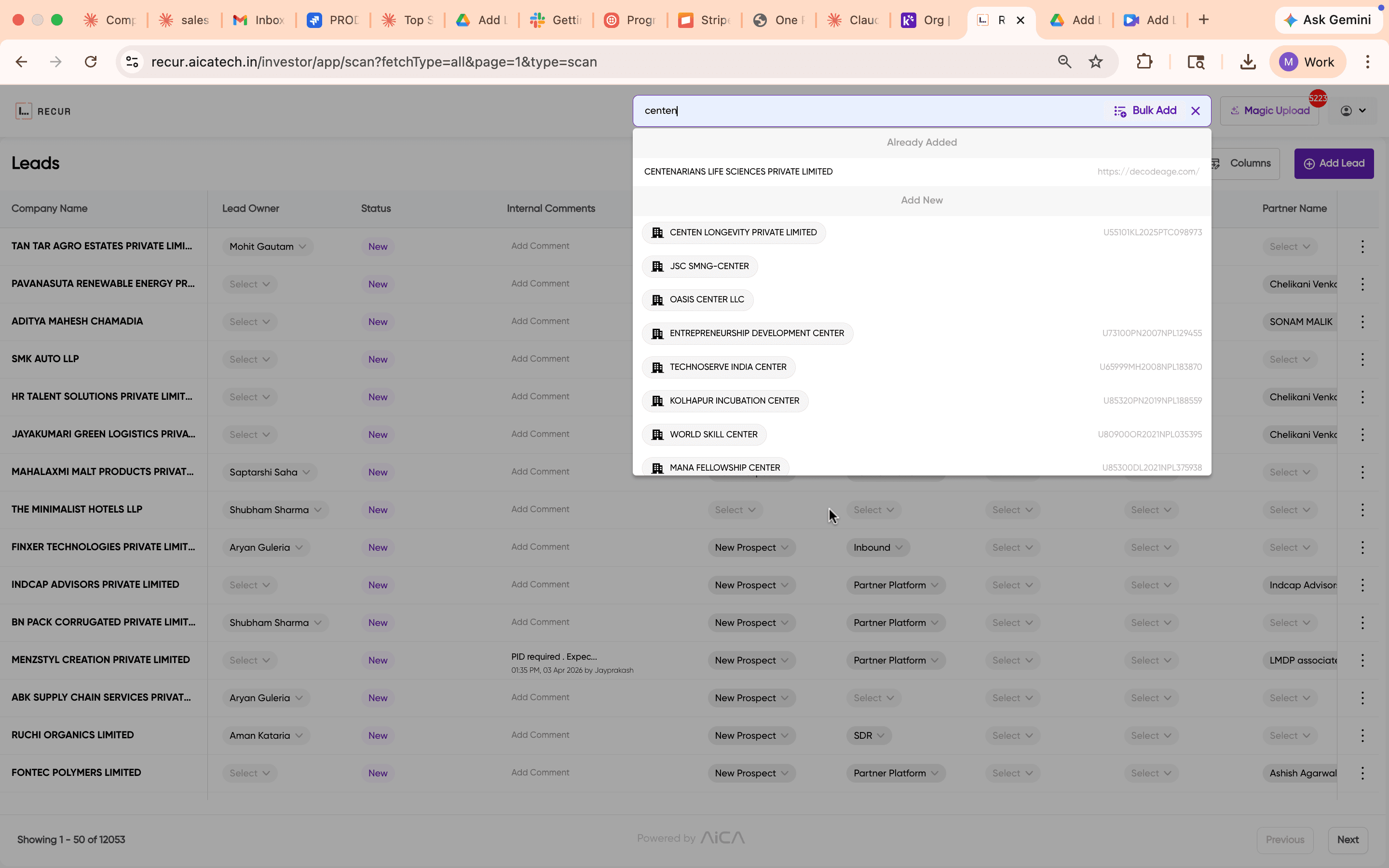 Global search showing Already Added and Add New results for the query 'center'