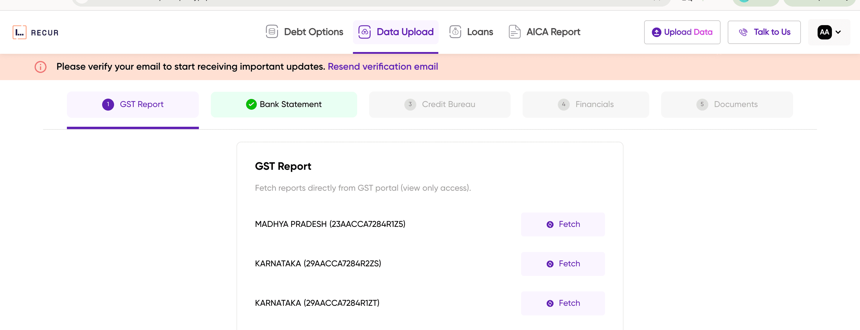 Data Upload tab showing the GST Report section with a list of GST numbers grouped by state, each with a Fetch button