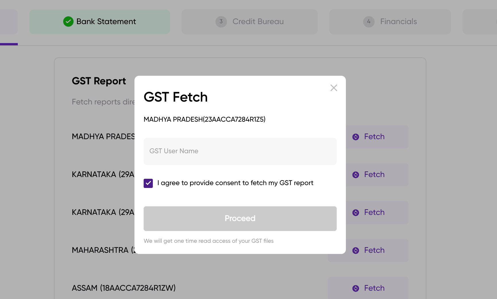 GST Fetch modal with a GST User Name field, consent checkbox, and Proceed button