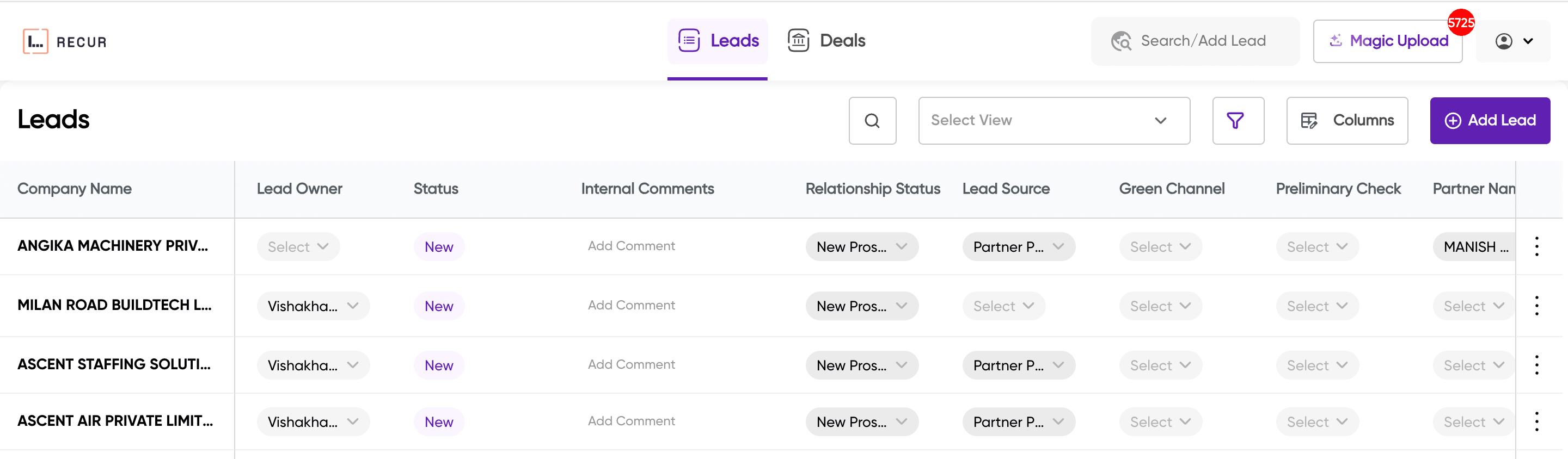 Leads table showing a list of companies with columns for Lead Owner, Status, Internal Comments, Relationship Status, and Lead Source