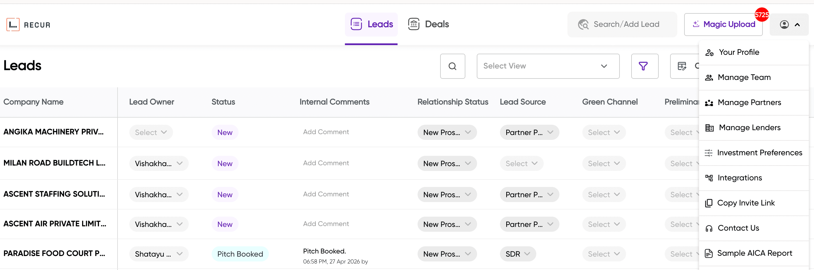 Profile dropdown menu showing Manage Team option along with other navigation items