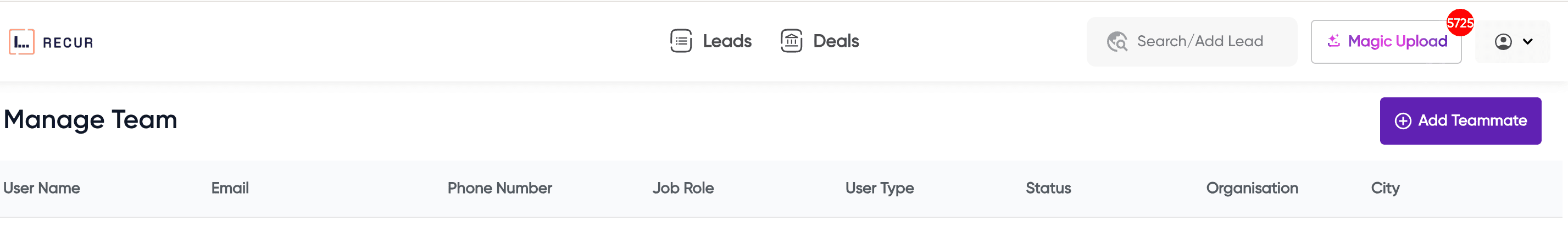 Manage Team page with the Add Teammate button in the top-right corner and a table of existing team members
