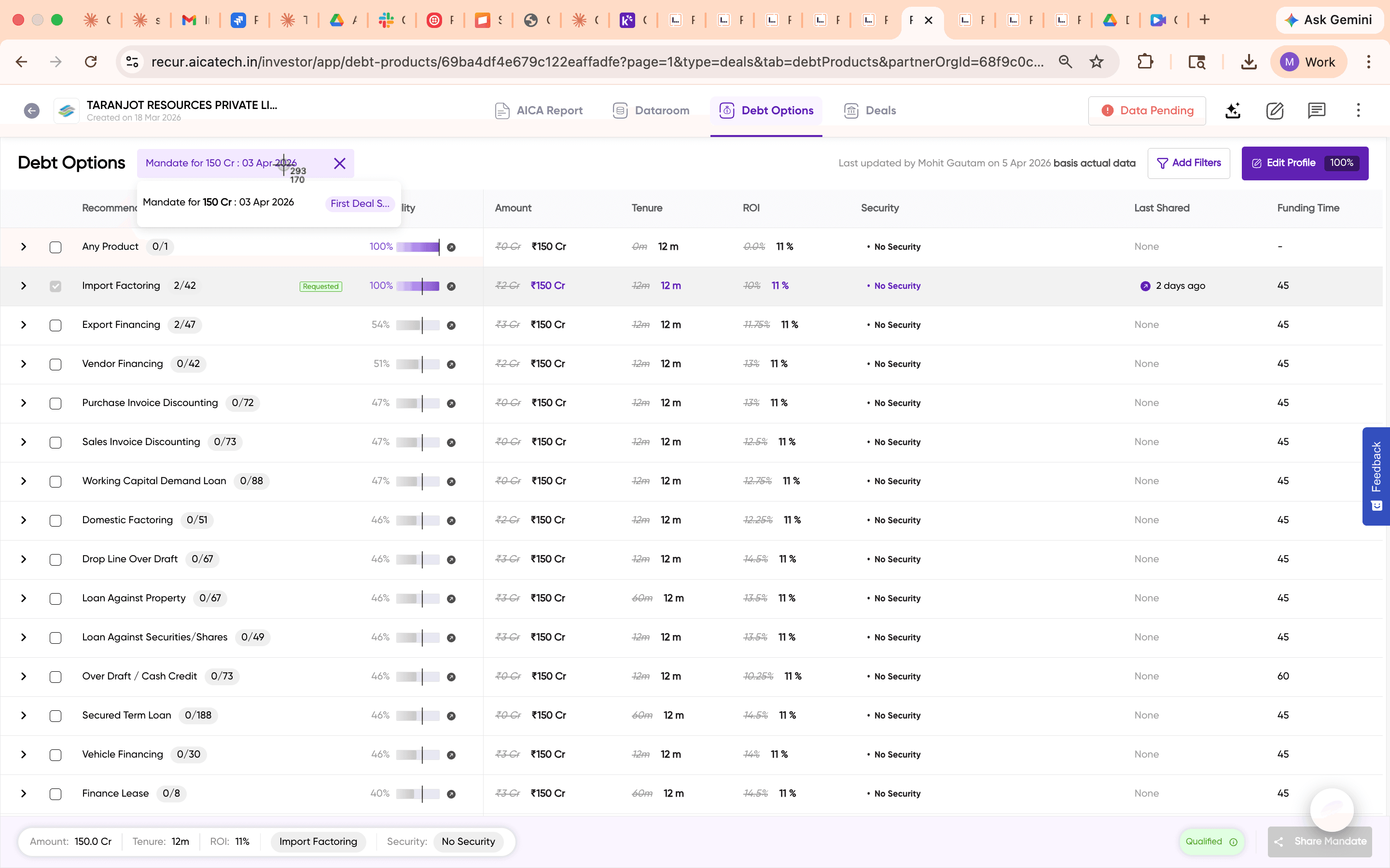 Select Mandate dropdown showing draft mandates with amounts, dates, and product lists
